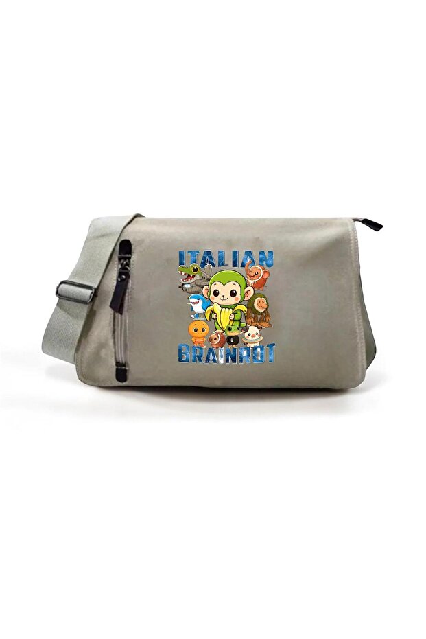 Beige Italian Braınrot Printed Unisex School, Course, Dershane Messenger Bag