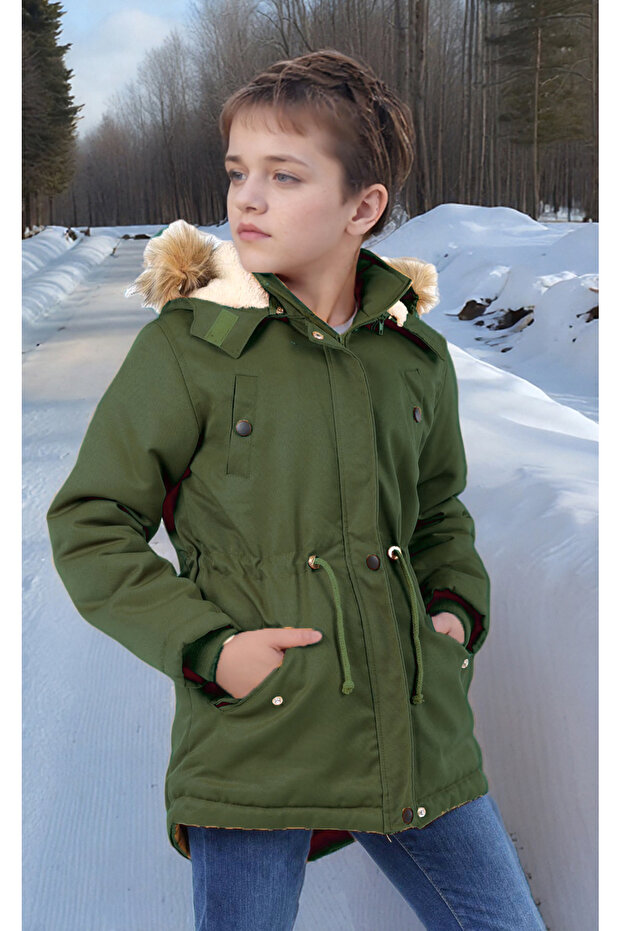 Children's Waterproof Canvas Fabric Fur Winter Thick Coat - Durable and Machine Washable