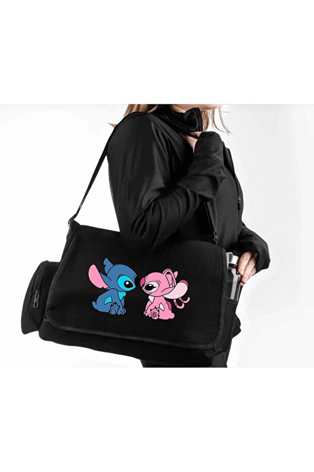 Black Stitch Cute Couple Angel Printed Unisex School, Course, Dershane Messenger Bag