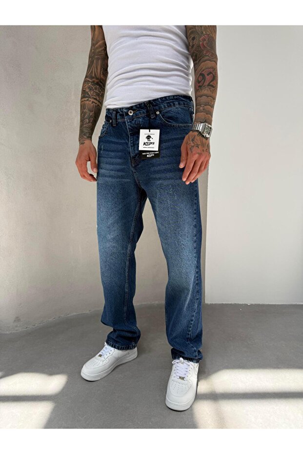 Navy Laser-Cut Baggy Jeans