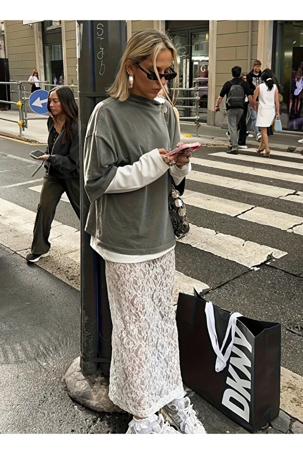 Çiçek Desen Transparan Örme Midi Etek - 5