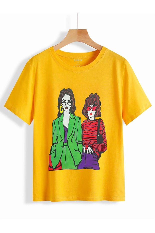 Women's Street Fashion Two Character Printed Oversize T-Shirt