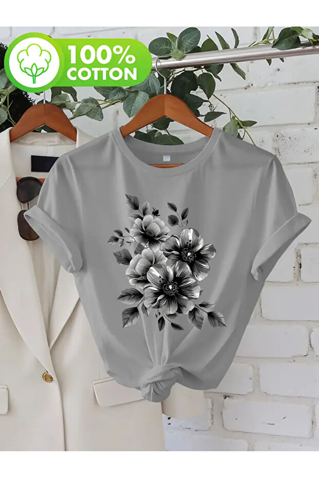 Gray Floral Design Printed Women's Cotton T-Shirt