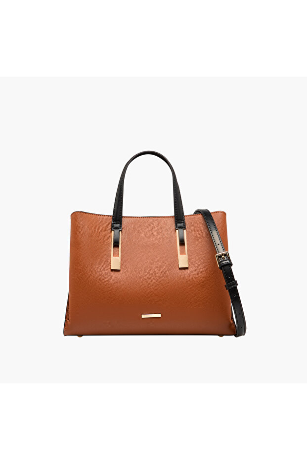 Textured Tote Bag with Double Handles and Detachable Strap
