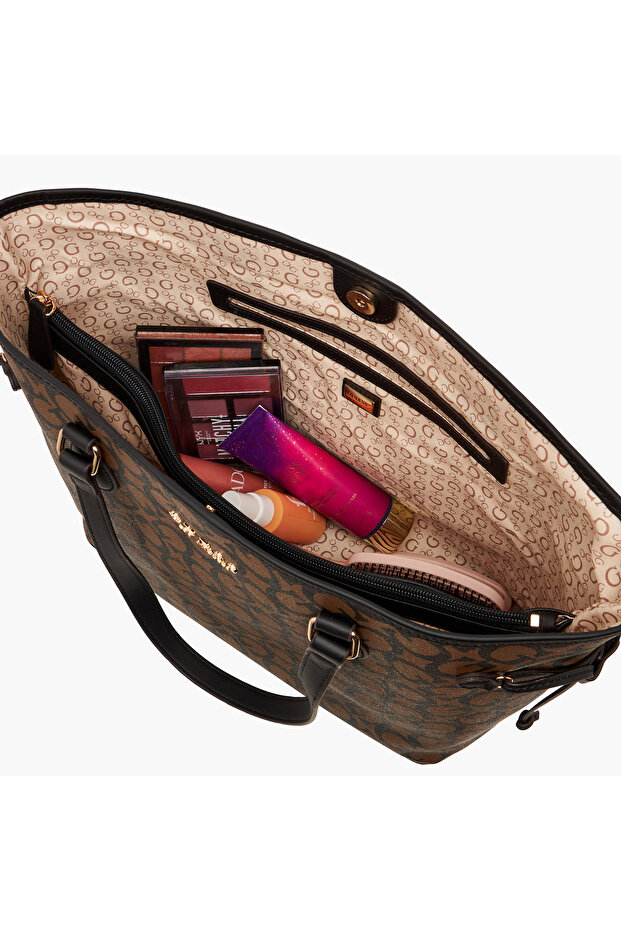 Monogram Print Tote Bag with Double Handle and Zip Closure - 8