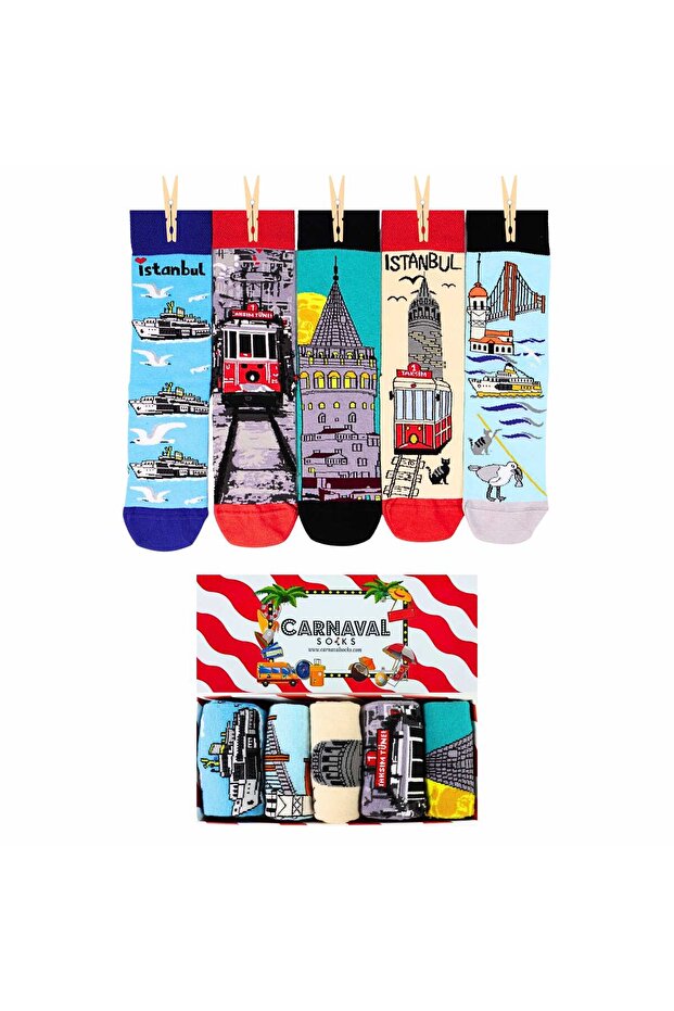 Box of 5 Unisex Colorful Socks with Istanbul City View