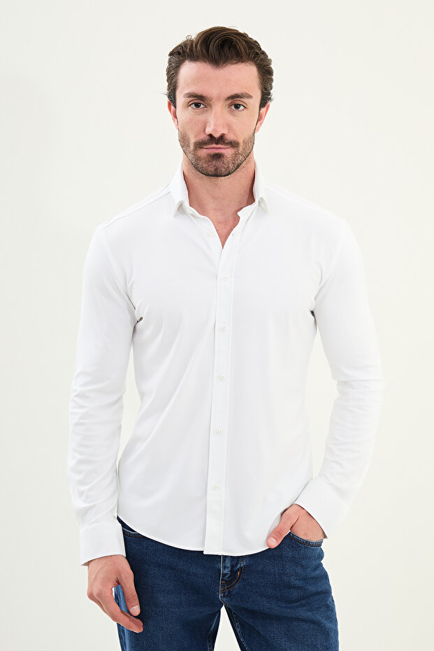 Straight Slim Fit Men's Shirt Ecru - 27023.24K