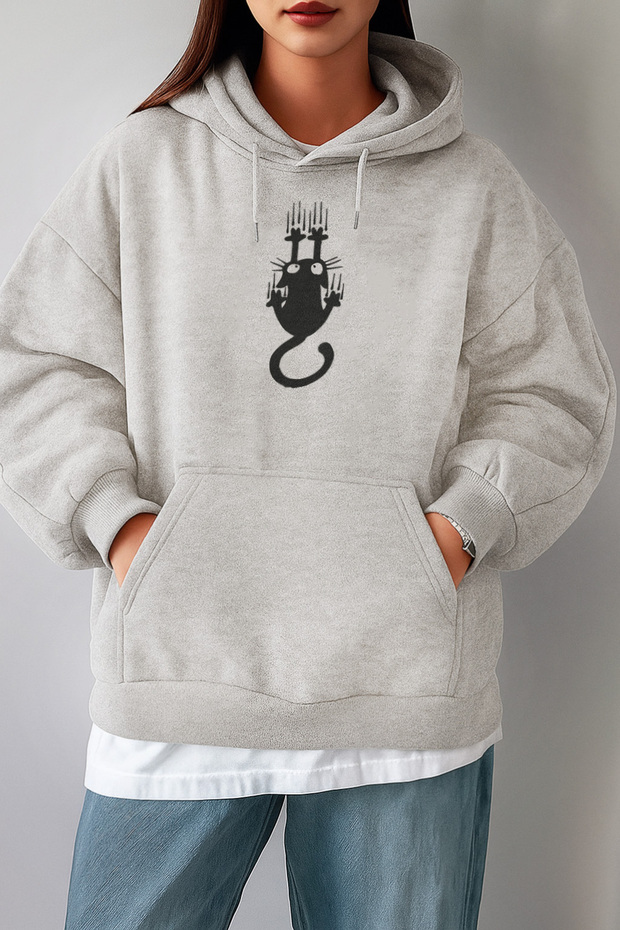 Squeaky Cat Front Printed Basic Oversize Seasonal/Winter Hooded Women's Sweatshirt - Hoodie