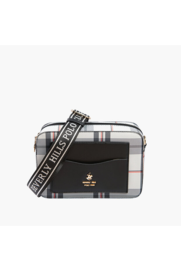 Checked Crossbody Bag with Zip Closure and Adjustable Strap
