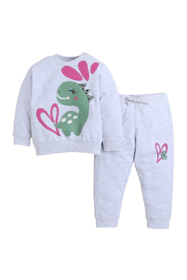 Baby Girl Dino & Heart Fleece Tracksuit – Oatmeal 2-Piece Set