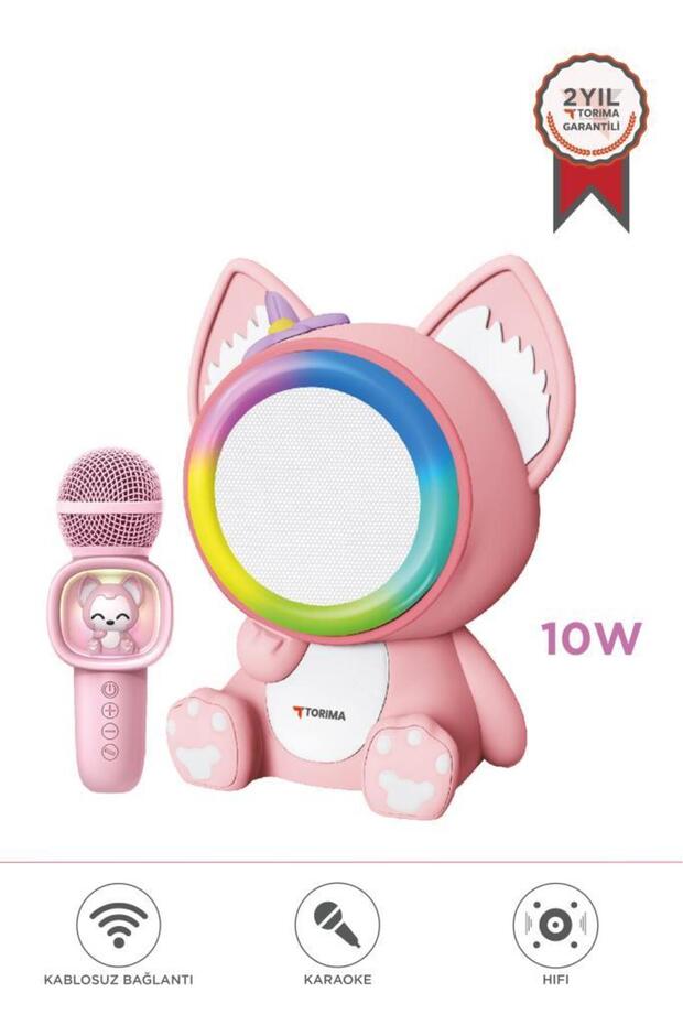 KIDMIC-04 Pembe RGB Sevimli Figürlü Mikrofonlu Karaoke Bluetooth Hoparlör - 1