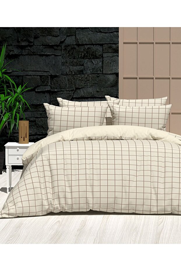 Double Cream Square Pattern Duvet Cover Set (with Elastic Sheet)