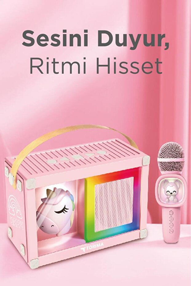 KIDMIC-07 Pembe RGB Unikorn Figürlü Mikrofonlu Karaoke Bluetooth Hoparlör - 4