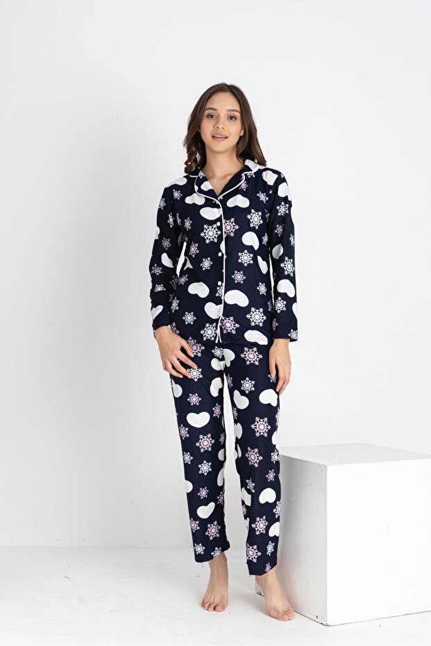 Women's Cotton Suede Fabric Navy Blue Snowflake Heart Patterned Shirt Collar Buttoned Pajama Set