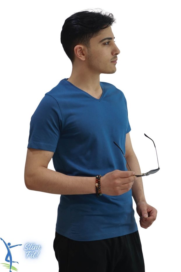 Men's Slim Fit V-Neck T-Shirt - Slim Fit Basic Casual T-Shirt Petrol Blue