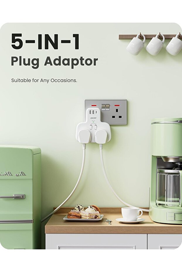 Double Plug Adaptor with 1 USB C and 2 USB Ports, 2 Way Wall Plug Extender, Multi Socket Ext - 5