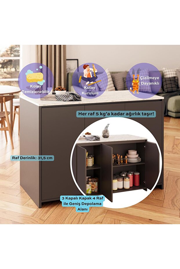 Miro Antrasit Tabureli Mutfak Ada Antrasit-Carrara - 2