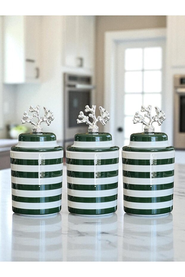 Spice Rack Cylinder Ceramic with Lid Coffee Corner Set Green Classic Zebra Silver