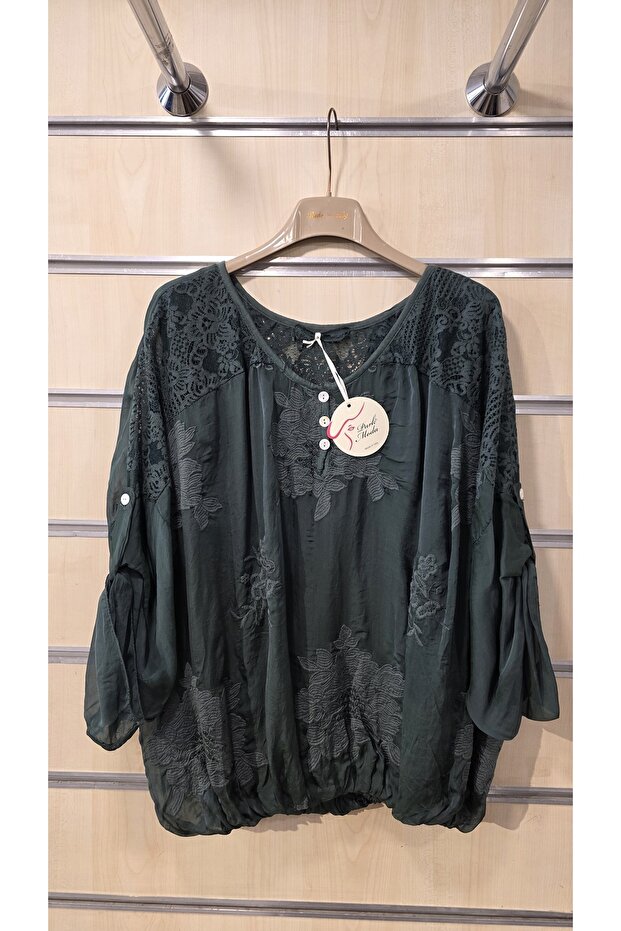 İpek Bluz 3 Düğmeli Dantelli - 1