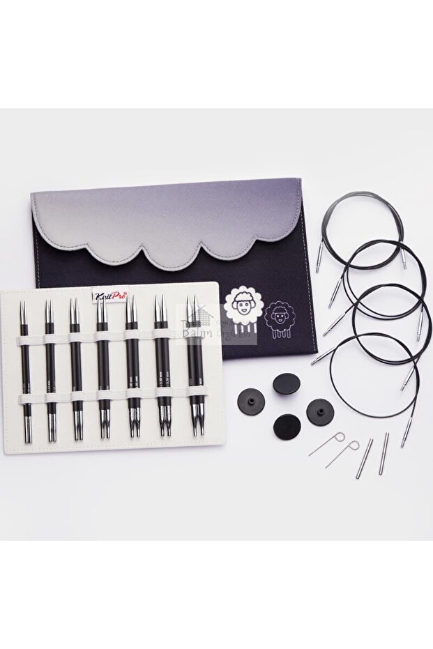 KnitPro Karbonz Deluxe Interchangeable Cable Needle Set + Balım Knitting House Needle Gauge 41631