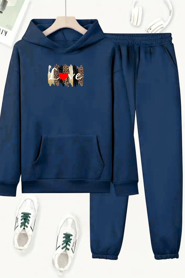 Unisex Navy Blue Love Pattern Printed Tracksuit Hoodie - Winter Raised Fabric