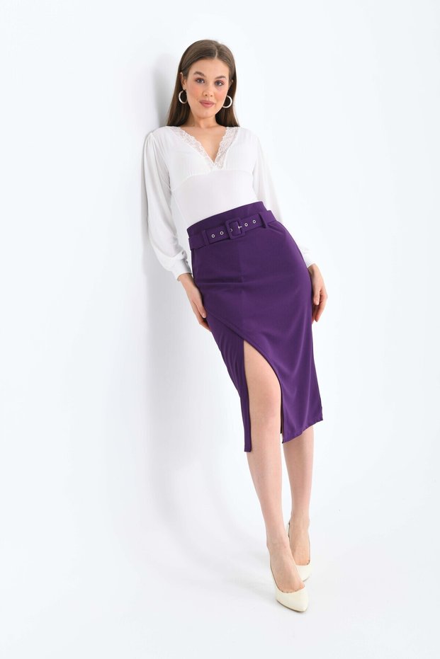 Women's Purple High Waist Midi Knitted Skirt with Belt and Slit Detail