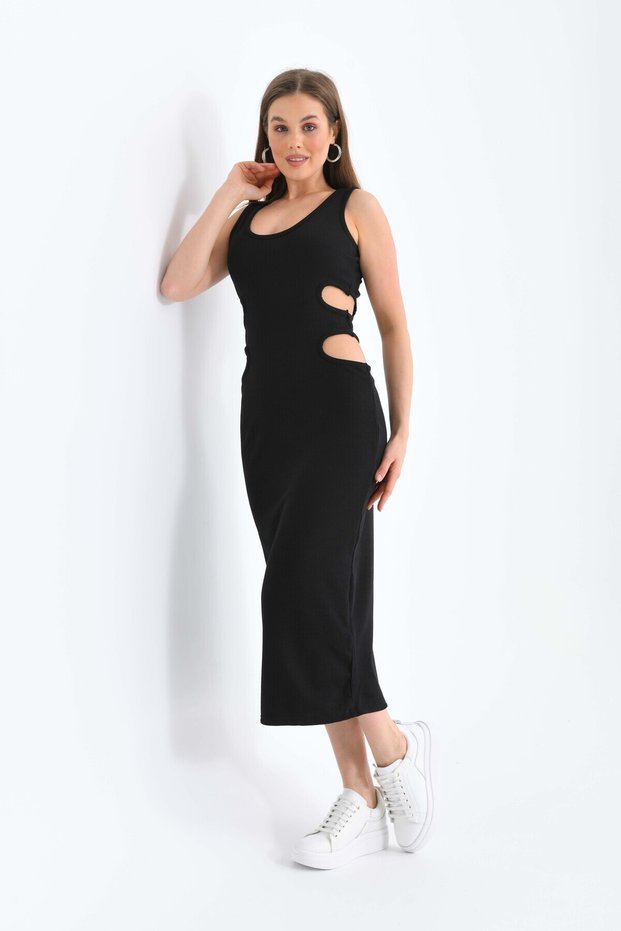 Women's Black Waist Detailed Body Hugging Midi Knitted Dress