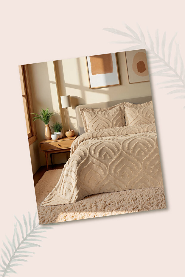 Jun Çift Kişilik Yatak Örtüsü Seti BEJ - İskandinav Bohem Püsküllü Örtü Takımı - Şık Kutu ve Paket - 6