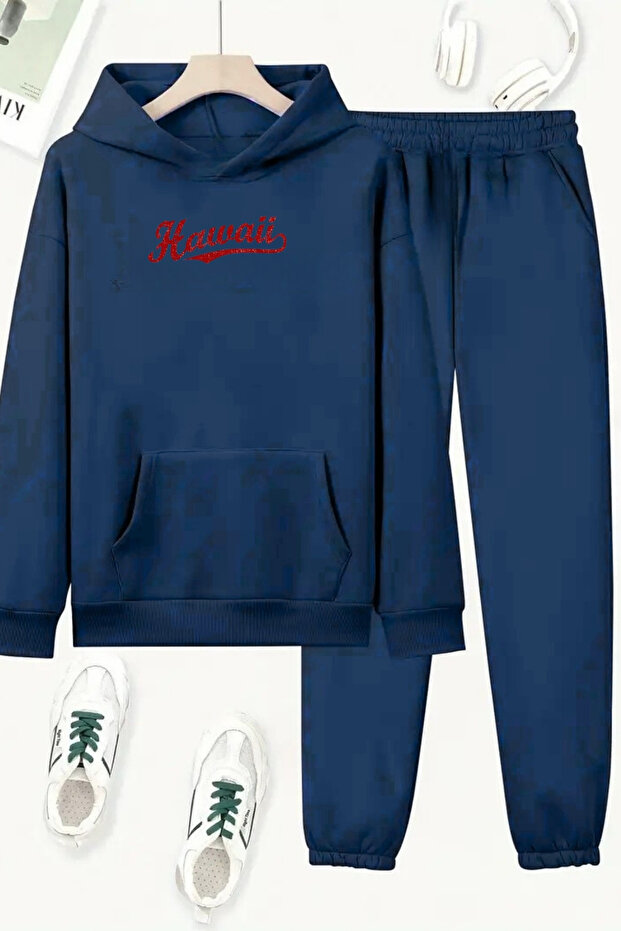Unisex Navy Blue Hawaii Printed Tracksuit Hoodie - Winter Embossed Fabric