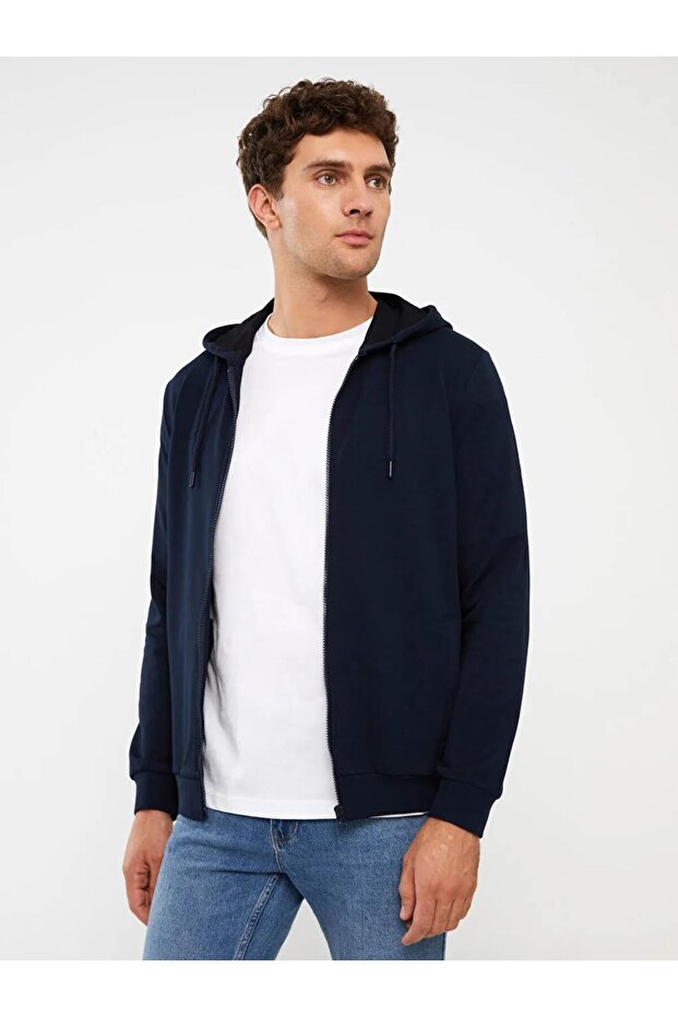 LCWAIKIKI ClassicLacivert Kapüşonlu Uzun Kollu Erkek Spor Hırka - 1