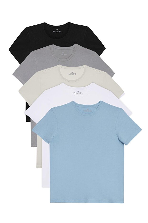 Unisex 5-Pack Black-White-Stone-Blue-Grey Slim Fit Slim Fit 100% Cotton Crew Neck T-Shirt