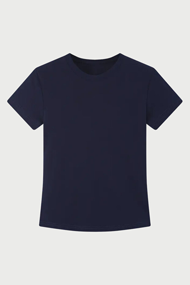 Lacivert Bisiklet Yaka Basic Kadın Tişört - 7