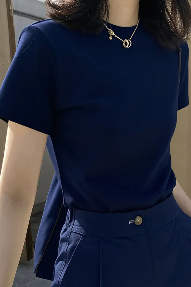 Lacivert Bisiklet Yaka Basic Kadın Tişört - 2