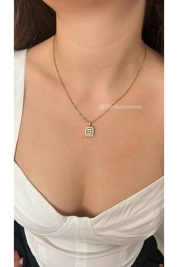 Steel Gold Color Baguette Model Necklace