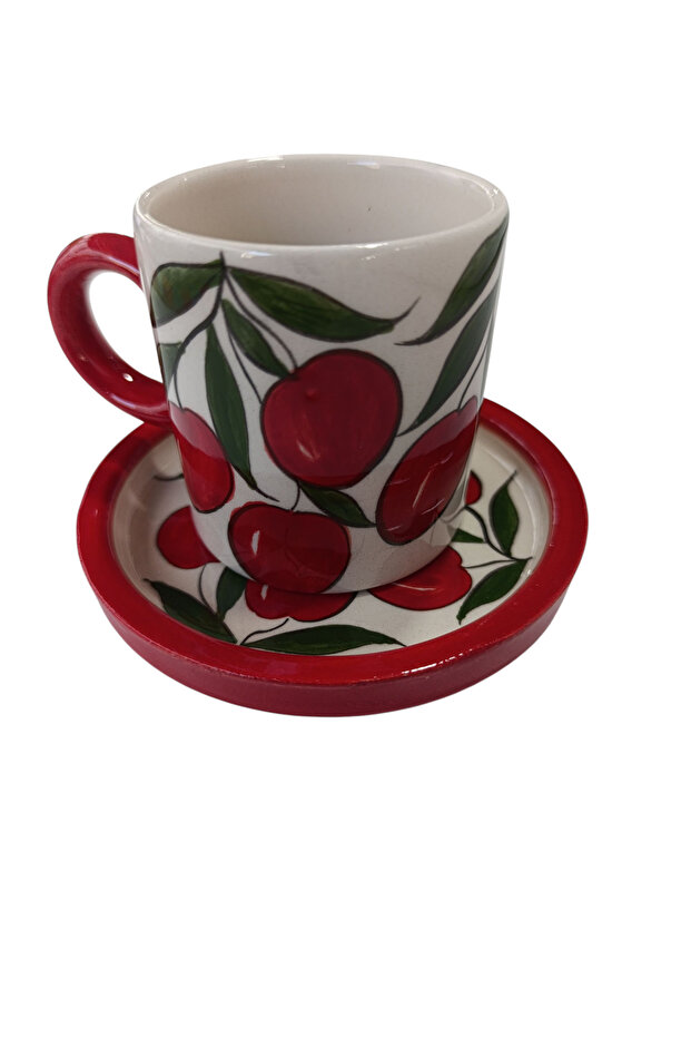 Handmade Cherry Patterned Red Ceramic Cup Mug - 3