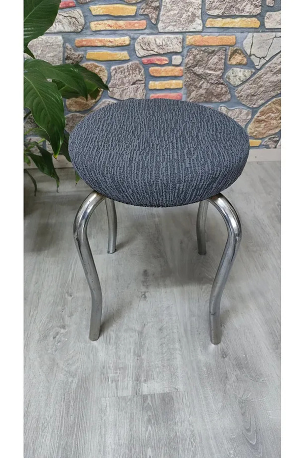Antrasit Renk Lastıklı Çubuk Desen Jakarlı Yuvarlak Standart Tabure Örtüsü 28-35cm Uyar 1 Adet - 1