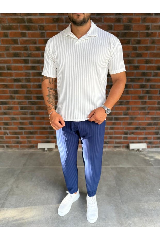 Men's Striped Polo Neck T-Shirt and Pants Combination