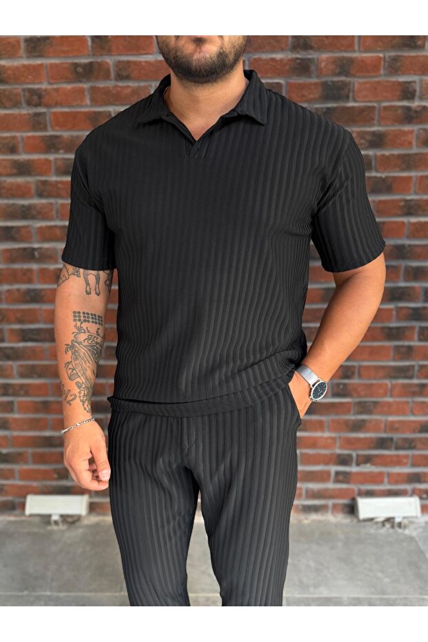 Men's Striped Polo Neck T-Shirt and Pants Combination