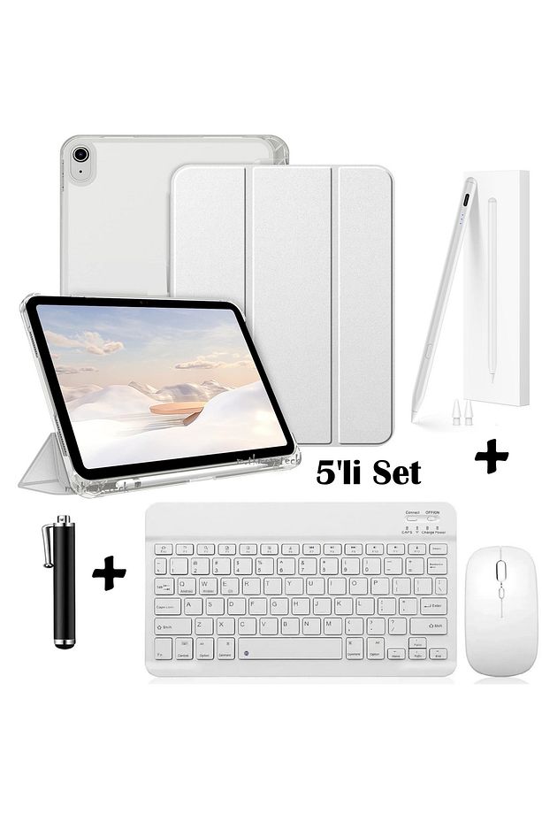 iPad 11. Nesil A16 /10. Nesil 10.9 Uyumlu Flip Kılıf + Bluetoothlu Klavye Mause + Avuç içi Red Kalem - 1