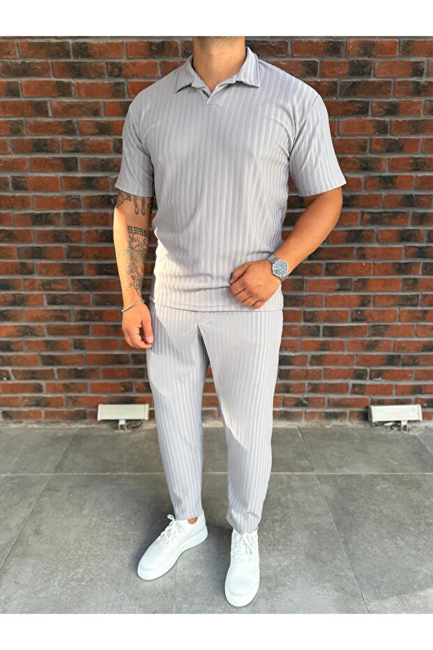Men's Striped Polo Neck T-Shirt and Pants Combination