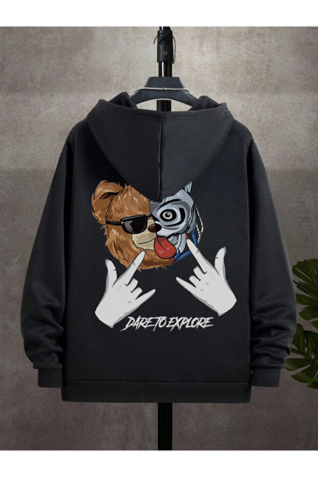 Men's Black Hooded Zip-Up Oversized Brushed Inside Printed Sweatshirt Winter School Cardigan