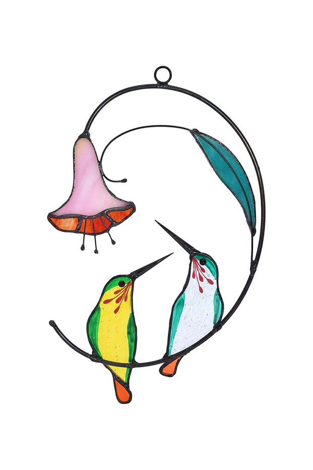 SYOSI Hummingbird with Flower, Home Decoration Stained Glass Hummingbird with Flower, Stained Glass
