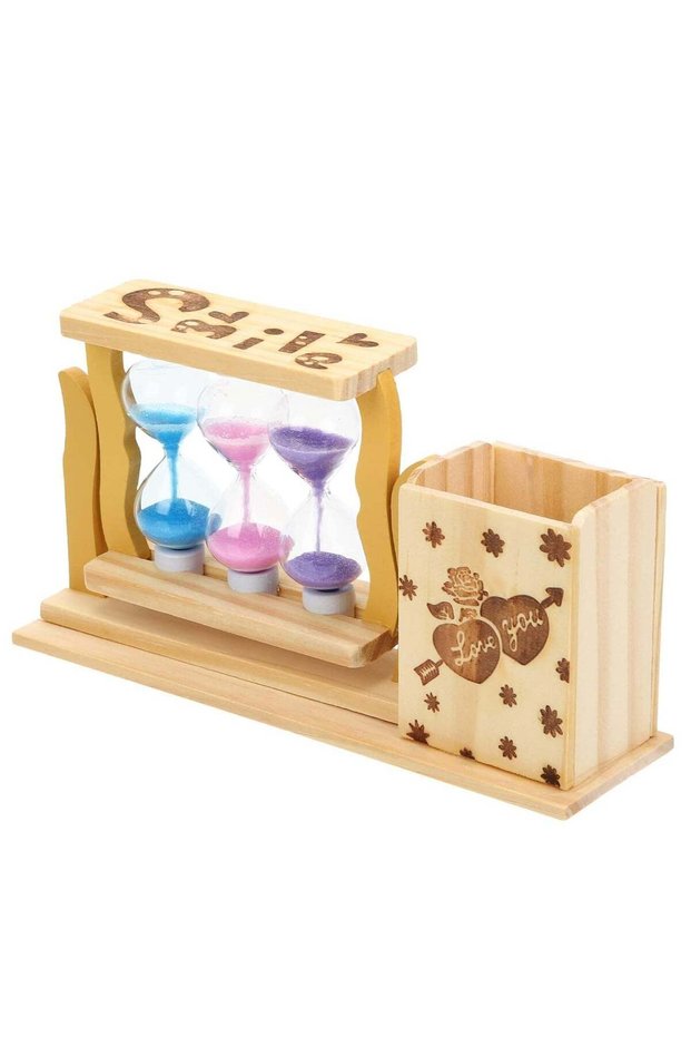 Wooden Pen Holder with 3pcs Decor Hourglass for Office Home Desk Shelf Pencils, Stationery Decorati