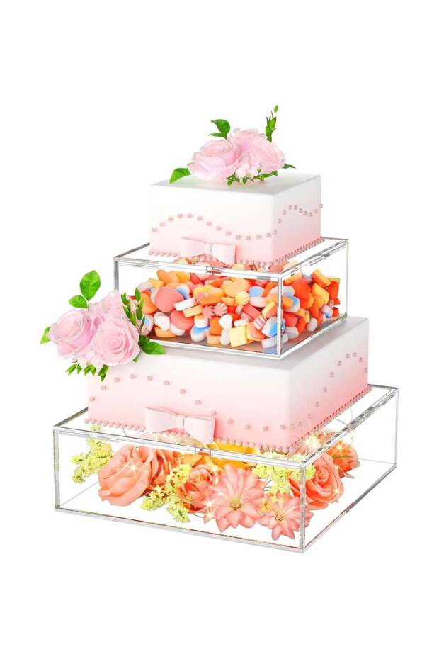 2PCS Acrylic Fillable Cake Stand Cake Riser Cake Tier, Square Cylinder Display Riser Box, Decorativ