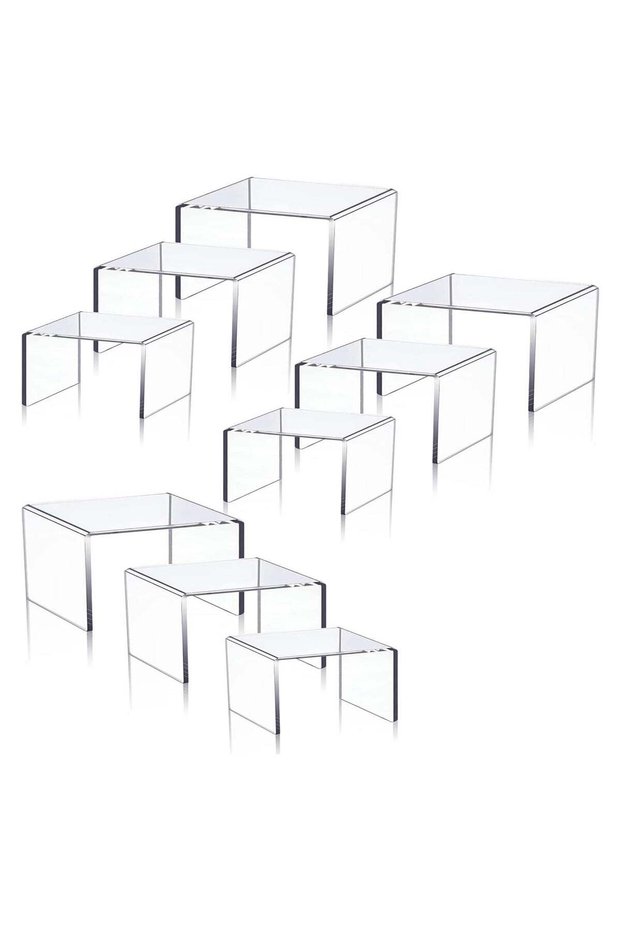 Pack of 9 Small Acrylic Display Stands, Transparent Rectangular Acrylic Shelf for Organisation and