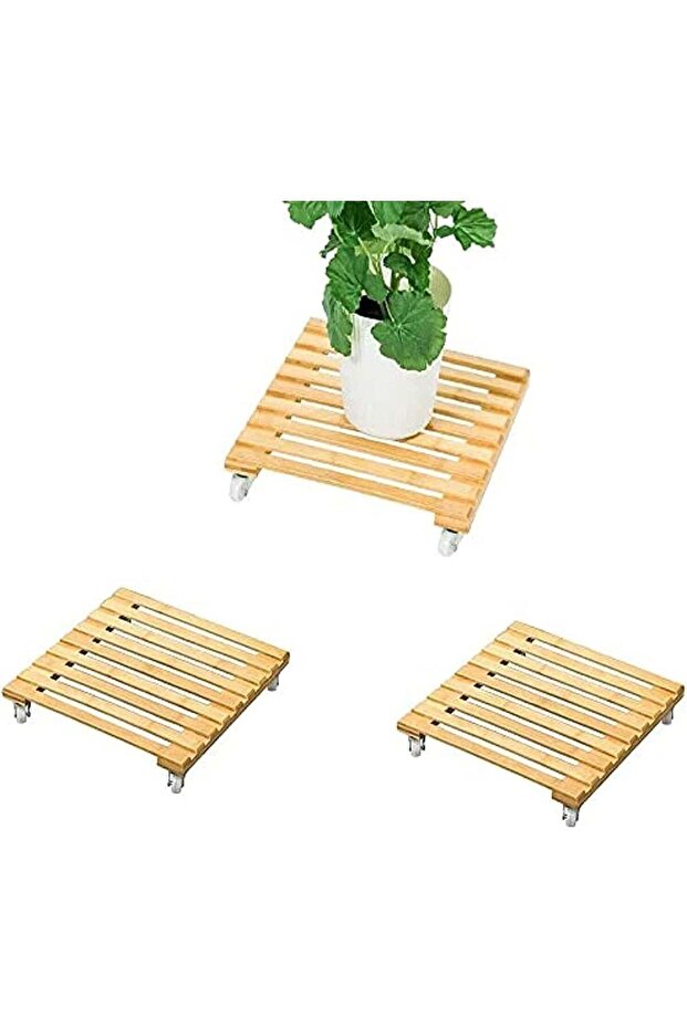 Plant Pot Caddy with Rolling Wheels, Wooden Square Roller Moving Tray Stand for Indoor Outdoor Pati