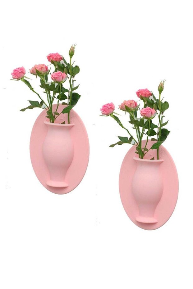 2 Pcs Wall Mounted Silicone Vase Removable Sticky Flower Vases for Home Decor, Pink