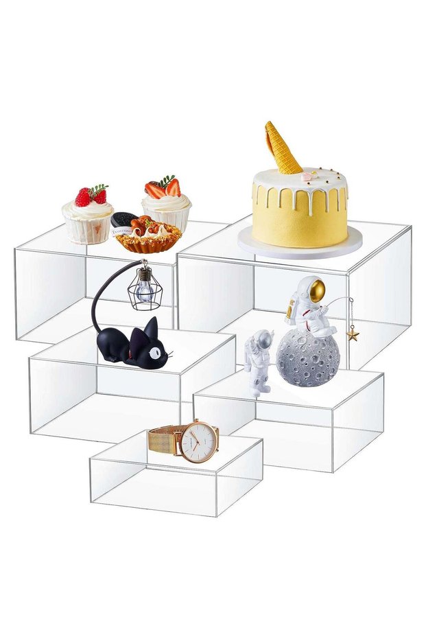 Set of 5 Clear Acrylic Cube 5 Sizes Display Nesting Risers with Hollow Bottoms Transparent Acrylic
