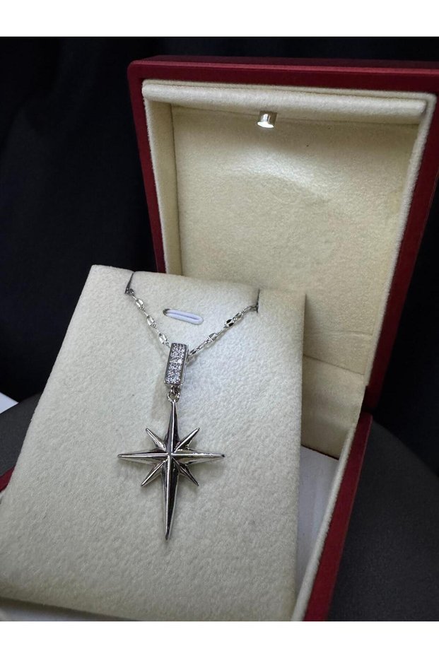 Women's Steel Necklace - North Star Design Çağla Model White Color with Zircon Stone