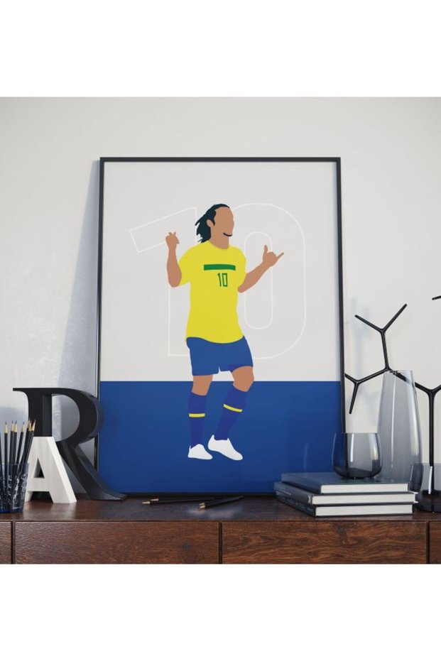 Ronaldinho Brazil Minimalistic Art Poster With Frame White/Blue/Yellow 40x30cm